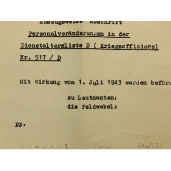 Période WW2 copie du certificat de mise à niveau de service de Feldwebel au lieutenant. Espenlaub militaria